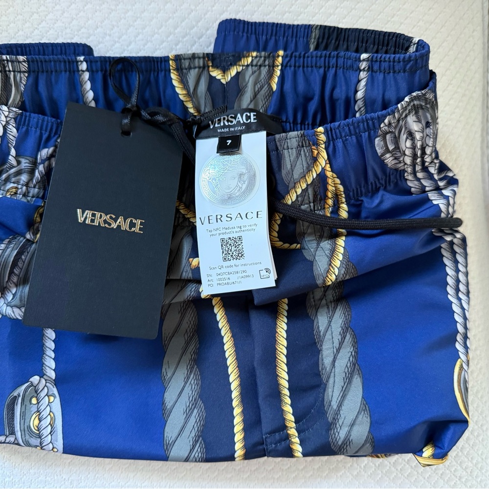 New Versace Nautical Blue and Gold Swim Trunks